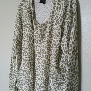 Nina Leonard Olive Green Animal Print Cardigan Set